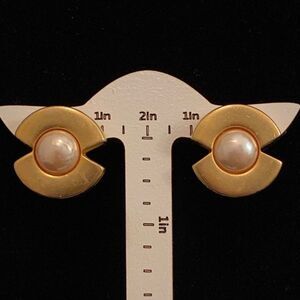 Karl Lagerfeld Mabe Pearl Gold Button Clip On Earrings Circa 1980's